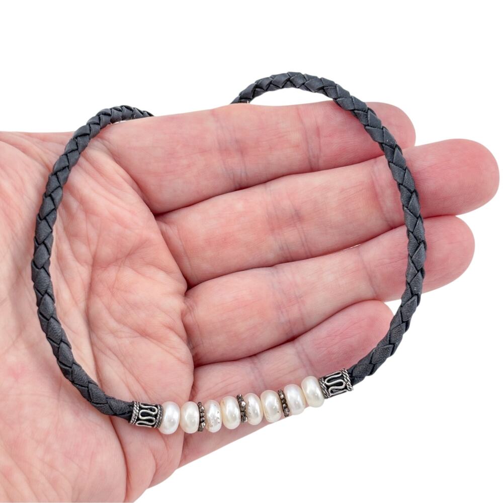 Vintrage Sterling Silver Braided Leather Imitation Pearl Bead Necklace 16 Inch